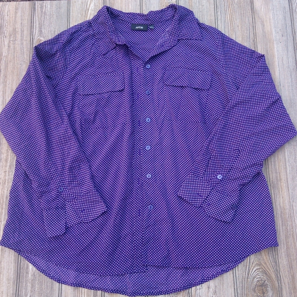 Chic Purple Silky Patterned Button Down Front Blo… - image 1